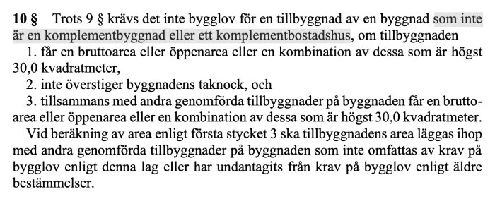 Lagtext om bygglov för tillbyggnader inom detaljplan, med undantag för vissa komplementbyggnader och komplementbostadshus.
