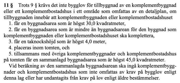 Lagtext om undantag från bygglov för komplementbyggnader och bostadshus inom detaljplan med specifika mått och krav.