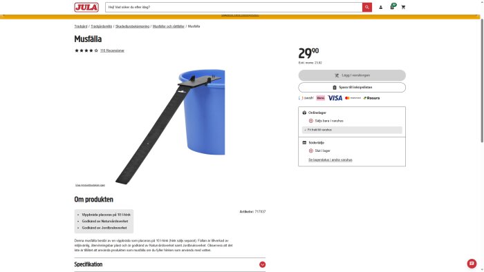 Musfälla från Jula med en vippbräda på en blå hink, artikelnummer 717037, pris 29,90 SEK, visas på produktsida.