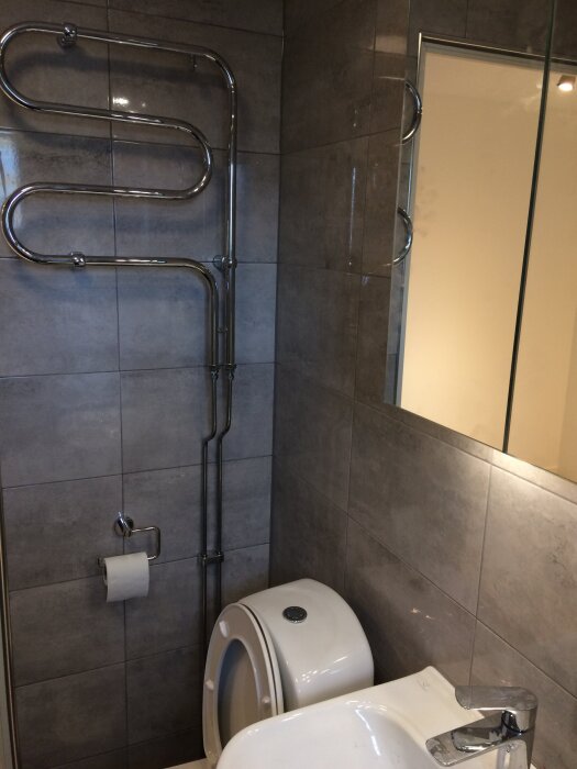 Handdukstork och toalett i gråkaklat badrum. Synliga rör löper längs väggen, med en spegel ovanför handfatet. Toalettpappershållare bredvid.