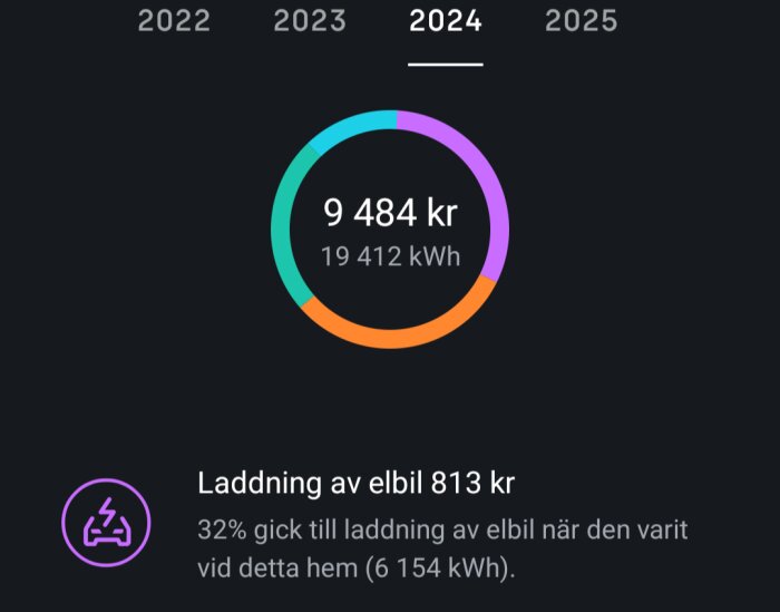 Elektricitetskostnadsdiagram för 2024, visar total kostnad 9 484 kr, 19 412 kWh, 32% laddning av elbil för 813 kr, 6 154 kWh.