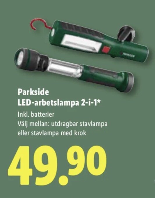 LED-arbetslampor i grönt med krok och utdragbar funktion, pris 49,90 kr.