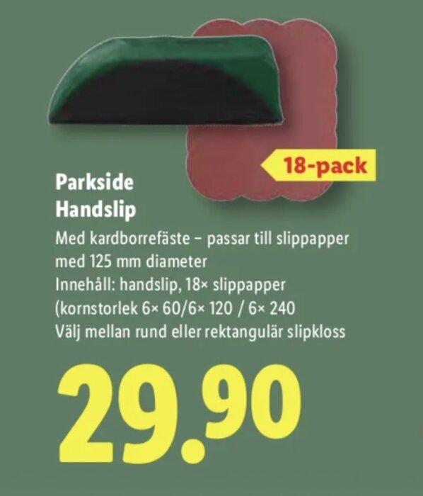 Paket med Parkside handslip och slipklossar från Lidl, 18-pack, för slippapper med kardborrefäste, pris 29.90 kr.