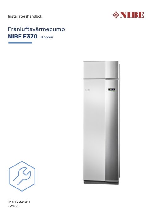 Installationshandbok för frånluftsvärmepump Nibe F370, visad med en bild av själva värmepumpen.