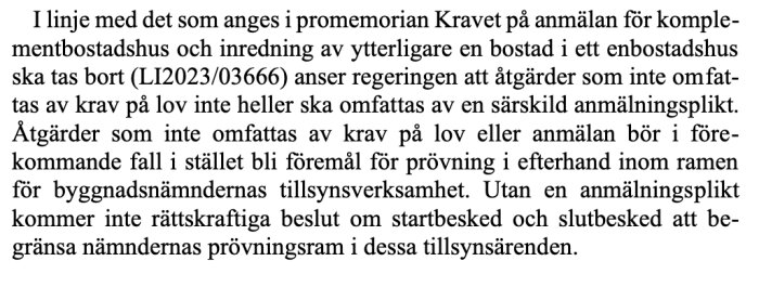 Textstycke om plan- och byggförordningen och framtida ändringar kring anmälningskrav för byggprojekt i Sverige enligt promemoria LI2023/03666.