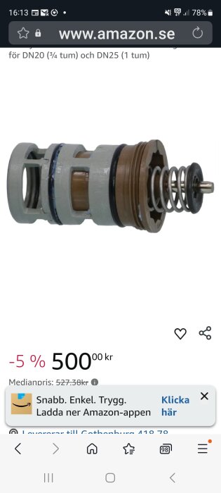 Insatsventil med fjäder och tätningar, erbjuds på Amazon för 500 kr med en rabatt på 5%.