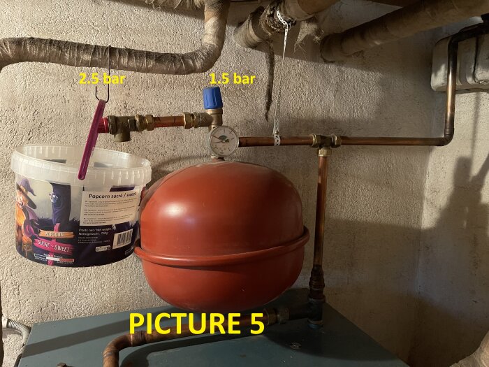 Expansionskärl med röda och blå säkerhetsventiler markerade 2,5 bar och 1,5 bar, samt en tryckmätare. Korg hänger på röret ovanför.