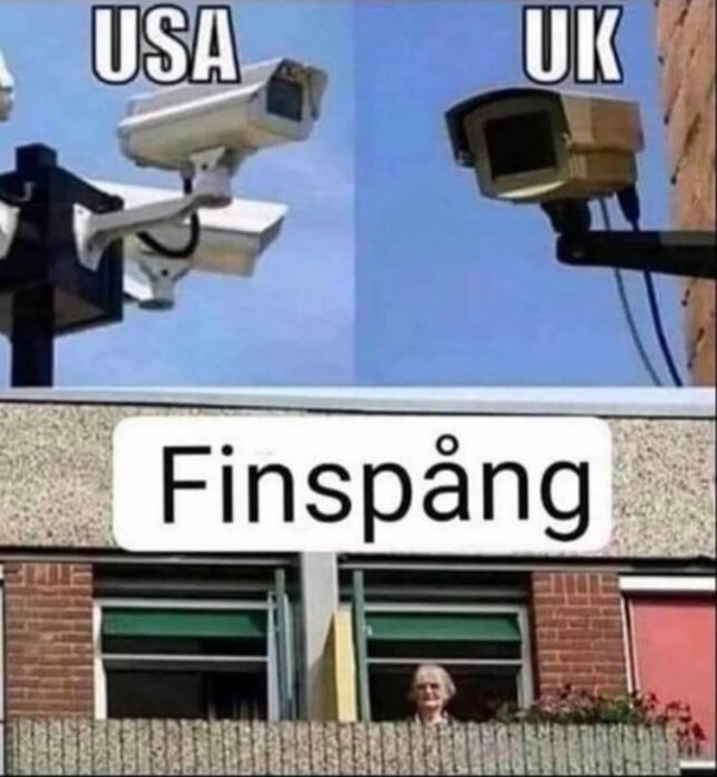 Övervakningskameror från USA och UK, och en äldre person som tittar ut genom ett fönster under rubriken "Finspång".