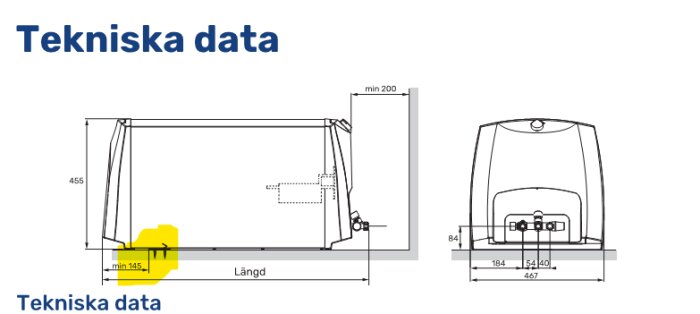 Ritning av NIBE Eminent varmvattenberedare med markerad min. höjd (145) i gult. Viserar tekniska data och dimensioner som längd och bredd.