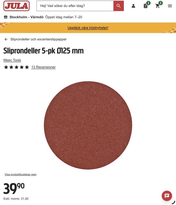 Röd sliprondell från Jula, 5-pack, diameter 125 mm, pris 39,90 kr.