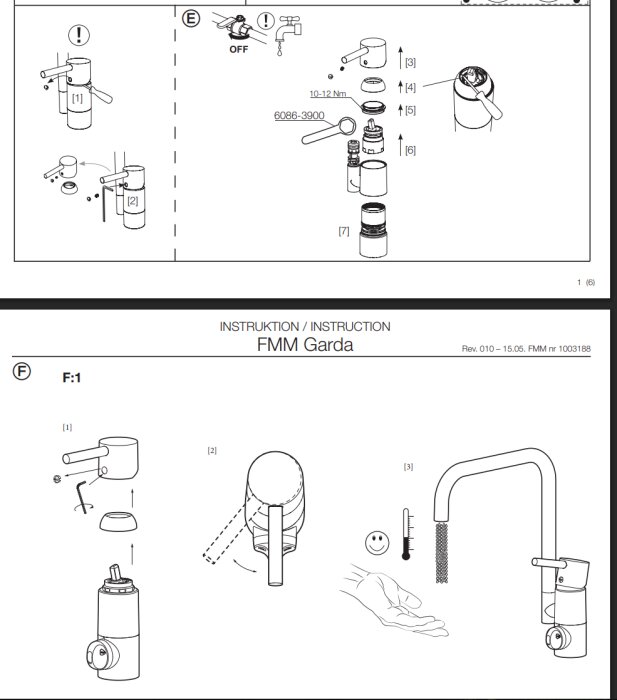 Installation av FMM Garda ettgreppsblandare, instruktioner med illustrerade steg och verktyg för montering, inklusive momentnyckel och komponentdetaljer.