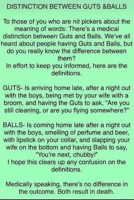 Text med humoristisk förklaring av skillnaden mellan "guts" och "balls", beskriven med exempel på hur man talar till sin fru vid hemkomst efter en utekväll.