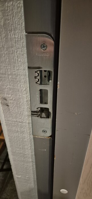 Närbild av en dörrkarm med ett monterat dörrbleck av typen 1487-3, skruvat fast.