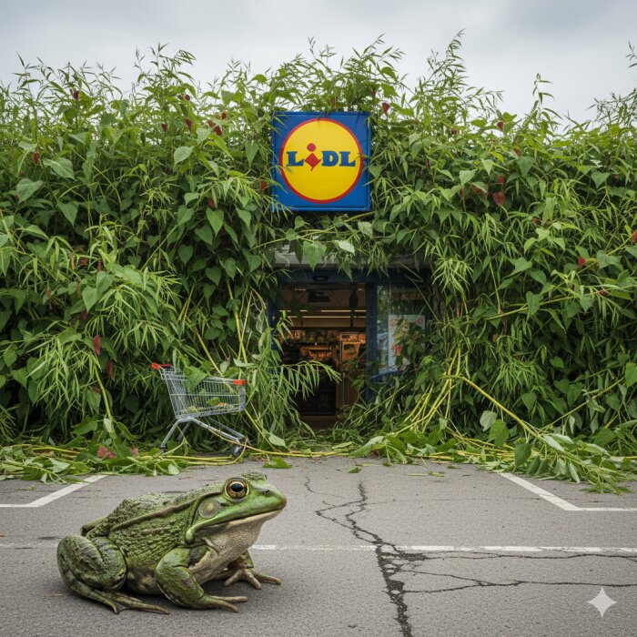 A large frog sits in a parking lot outside a Lidl store entrance overgrown with lush green plants, with a shopping cart half-hidden behind the foliage.