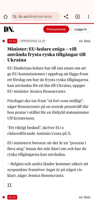Skärmbild av DN-artikel där EU-ledare diskuterar att använda frysta ryska tillgångar för Ukraina. EU-minister Jessica Roséncrantz citeras.
