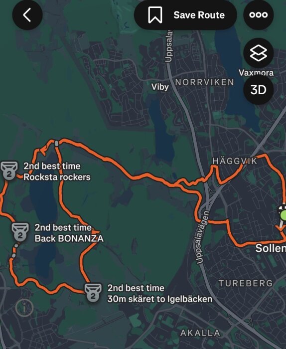 Översiktskarta av en löprunda runt Sollentuna med rödmarkerad rutt och tre markeringar med “2nd best time” vid Rocksta Rockers, Back Bonanza och Igelbäcken.