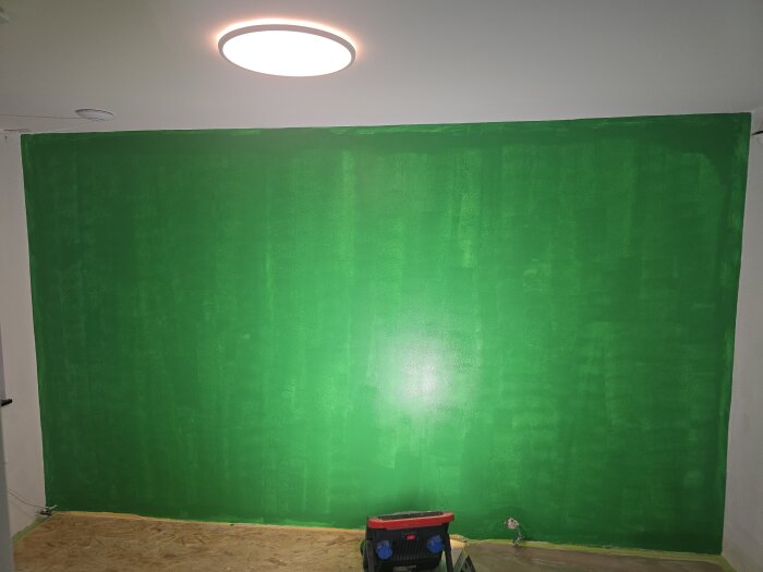 Grönt målad vägg i barnrum med taklampa och skydd på golvet.