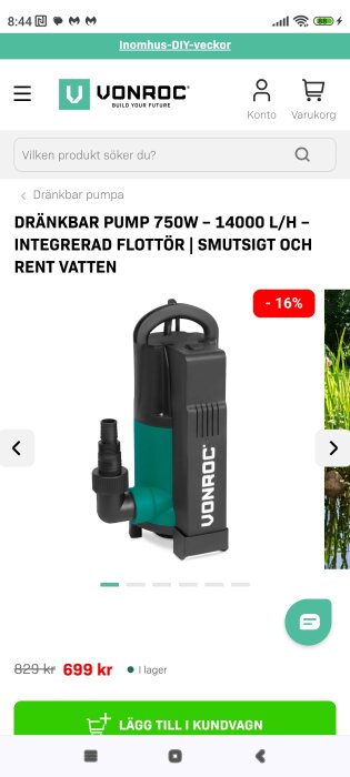 Dränkbar pump 750W med integrerad flottör från VONROC, kapacitet 14000 L/H, visas i produktannons med pris och rabatt.