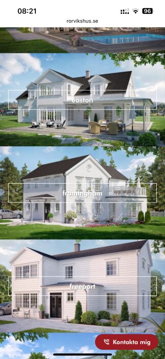 Exempel på husstilar: Easton, Framingham, och Freeport, med vita fasader och svarta tak.