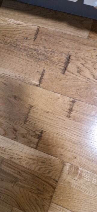 Trägolv med synliga skador och vattenrelaterade missfärgningar i köket, frågar om åtgärd eller golvbyte.