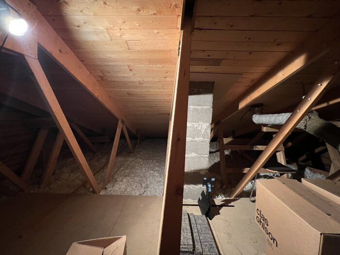 Vindens interiör med träbjälkar och isoleringsmaterial, besökaren observerar eventuella rörelser i nocken. Kartonger syns också i förgrunden.