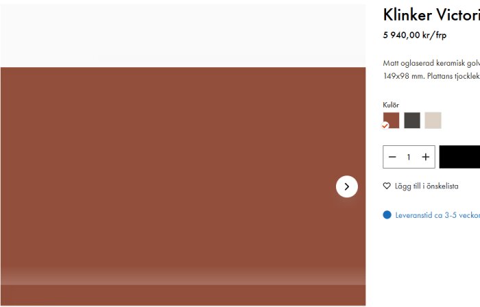 Klinkerplatta i brun nyans, 149x98 mm, matt yta. Visar produktinformation, inklusive pris och färgalternativ. Leveranstid 3-5 veckor.