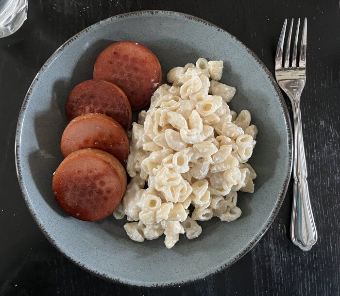 Stuvade makaroner och stekt falukorv på en tallrik.