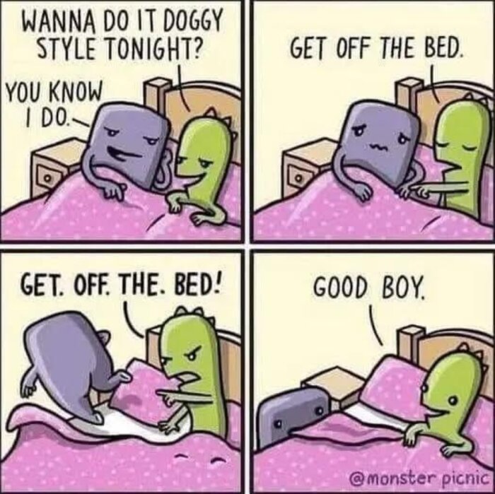 Tecknad serie av två figurer i säng som diskuterar "doggy style". En figur säger "get off the bed", den andra lyder och ett "good boy" följer.