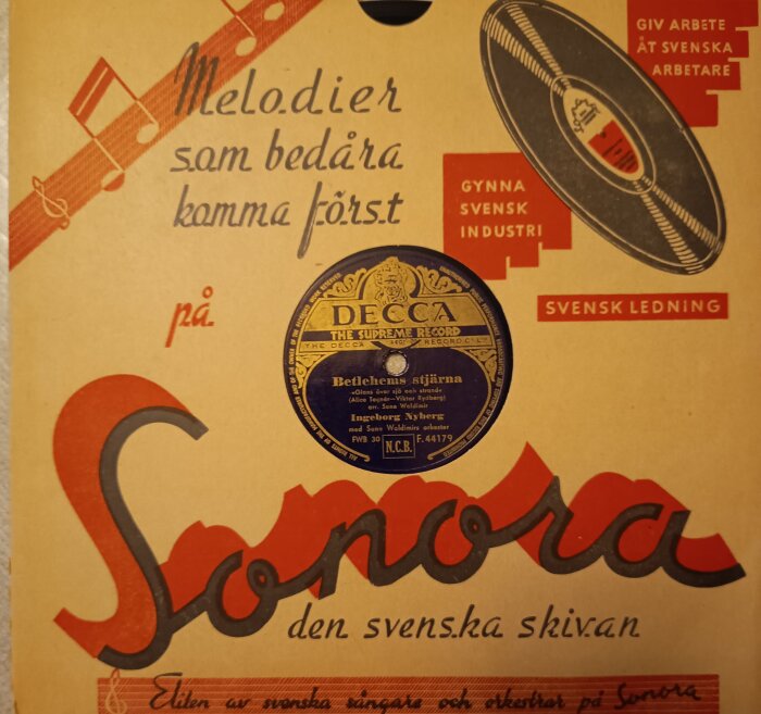 Omslag till gammal stenskiva från Sonora med dekorativa inslag och text om Melodier, samt etikett från Decca med låten "Betlehems stjärna.