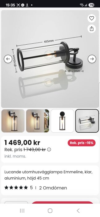 Vägglampa i glas och metall, med dimensioner 455 mm längd och 122 mm bredd, illustrerad lutande sida vid sida på ljus bakgrund.