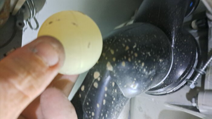 Hand som håller en boll, lite större än en pingisboll, framför en svart gummislang från en tvättmaskin, undersöker tvättmaskinens inre delar.