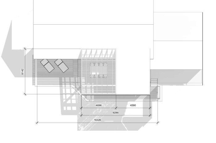 Arkitektritning över planlösning med mått och möblerad altan.
