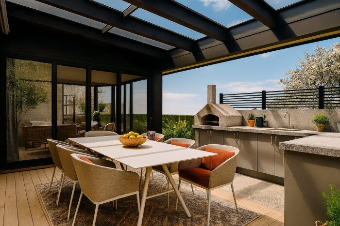 Utomhuskök med matbord och sex stolar på en terrass med glasövertak och öppen vy.