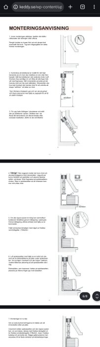 Monteringsanvisning för installation av kaminrör och spiskassett, med stegvisa diagram och instruktioner för säker montering.