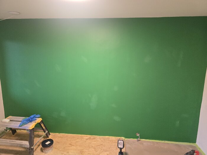 Nymålad grön vägg i ett rum, golvet är täckt med skyddspapper, en stege och en hink med färg står vid väggen.