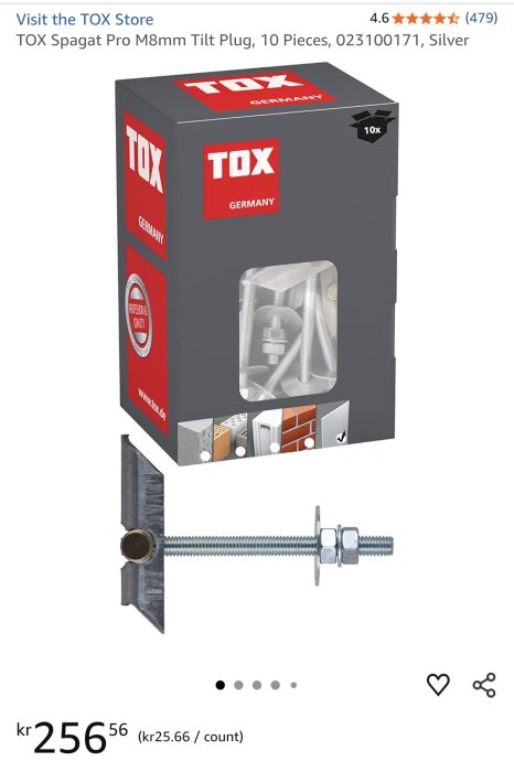 Förpackning med TOX Spagat Pro M8mm lutningsplugg, visas med enstaka plugg och fästen, för montering i gips, betong och tegel.