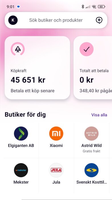 Smartphone-skärm med shoppingapp, visar köpkraft 45,651 kr, inga betalningar att göra och rekommenderade butiker som Elgiganten, Xiaomi och Jula.