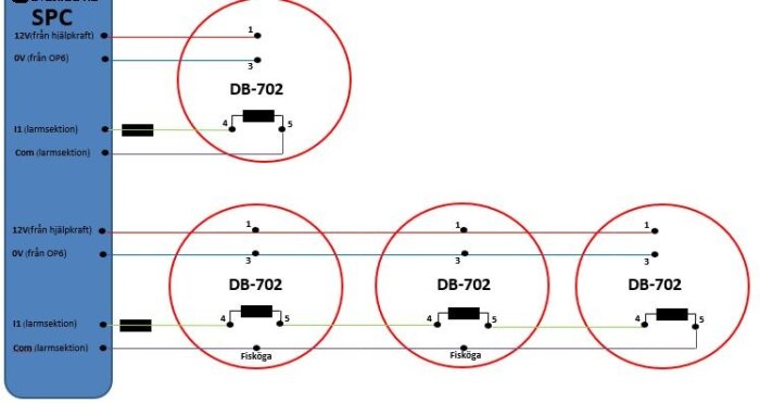 Diagram över larminstallation med Siemens SPC, visar koppling av DB-702 detektorer med balanserad anslutning, inklusive larmsektion och hjälpkraft.