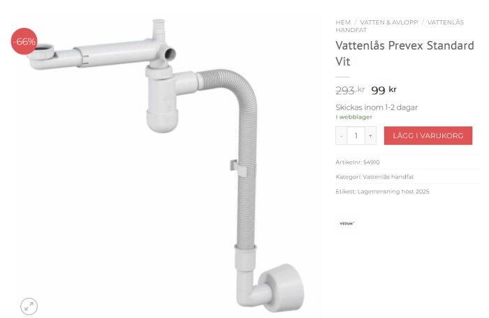 Vattenlås Prevex Preloc Standard i vit färg visas med -66% rabatt och säljs för 99 kronor.