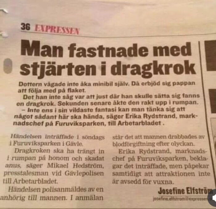 Tidningsartikel om man som fastnade med rumpan på en dragkrok i Furuviksparken.