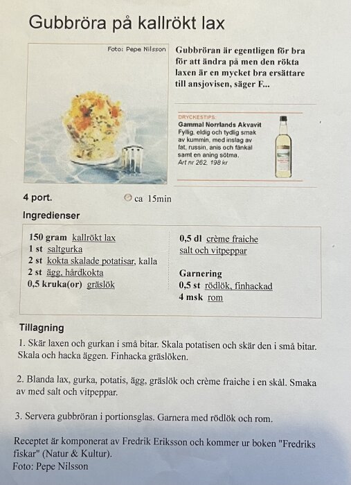 Recept på gubbröra med kallrökt lax på ett papper med ingredienser och tillagning, samt bild av maträtten och dryckestips.