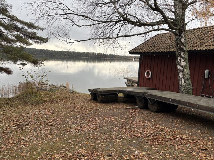 En brygga på land framför en röd stuga vid en sjö, omgiven av höstlöv och träd.