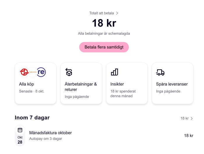 Översikt av betalningshistorik, total att betala är 18 kr, med alla köp, återbetalningar, insikter och spårning av leveranser synliga.