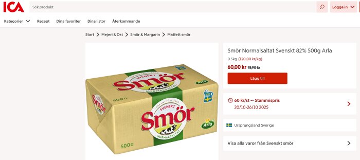 Förpackning av Arla normalsaltat svenskt smör 500g på ICA:s webbplats med prisinformation.