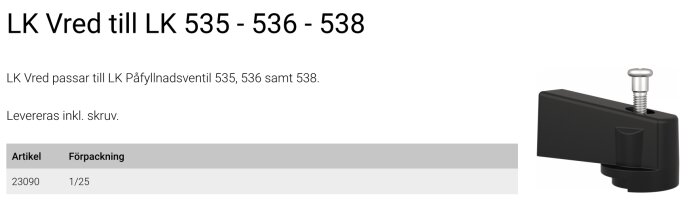 Svart LK Vred till påfyllnadsventil modell 535, 536, 538, inklusive monteringsskruv.