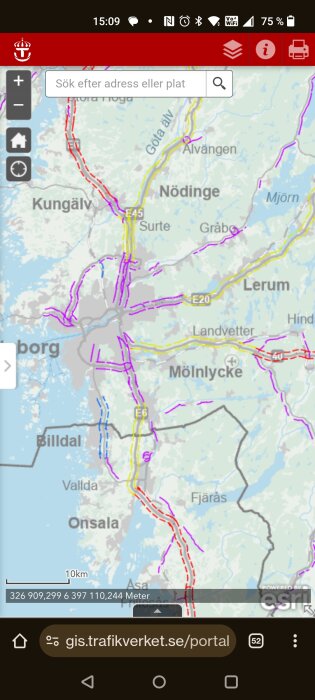 Karta som visar vägar runt Göteborg, inklusive 110-vägar markerade i rött, med platser som Kungälv och Kungsbacka längs E6.