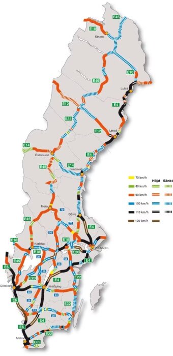 Karta över Sveriges vägsträckor med hastighetsgränser, inkluderar E-vägar. Färger visar olika hastigheter: 70, 80, 90, 100, 110, och 120 km/h.
