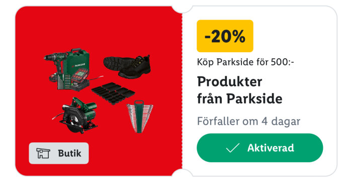 Kupong med 20% rabatt på Parkside-produkter vid köp för minst 500 kr, med olika verktyg och kläder på röd bakgrund.