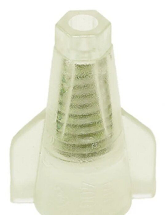 Halvgenomskinlig elektrisk ledningskoppling, konformad med skruvgänga och vingliknande utskott.