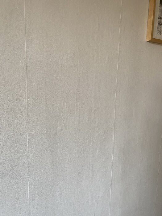 Ojämt väggparti med tapet, synliga skarvar och några ojämnheter. Väggen är vit och har en guldram i högerkanten av bilden.